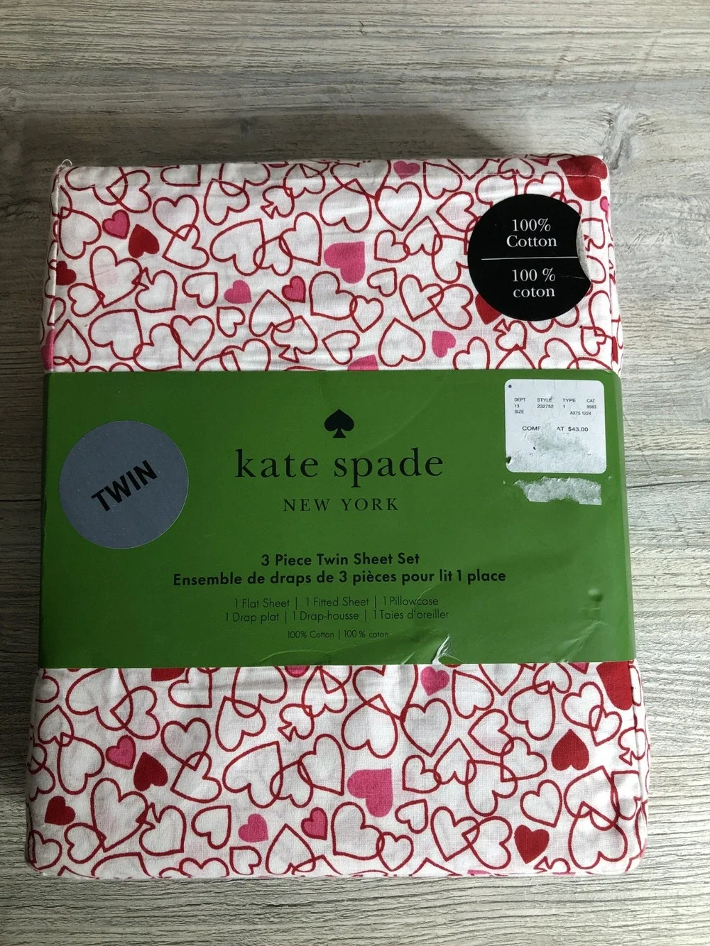 Kate Spade Twin Sheet Set Pink Red Outline Heart 3 Pc Cotton Love Valentine Day